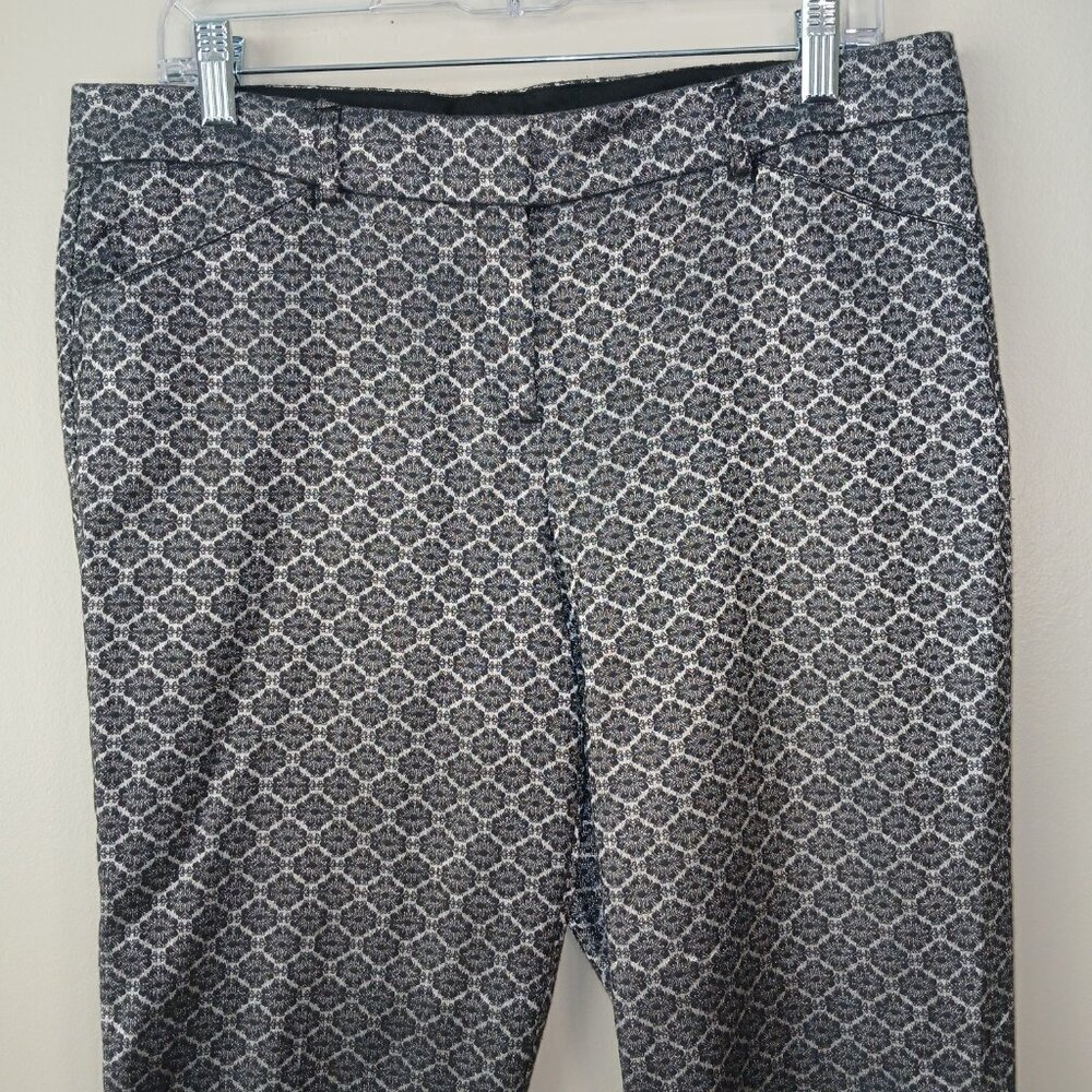 ZAC AND RACHEL PANTS. GEOMETRIC FLORAL , BLACK AND SILVER STRETCH WOMENS 10